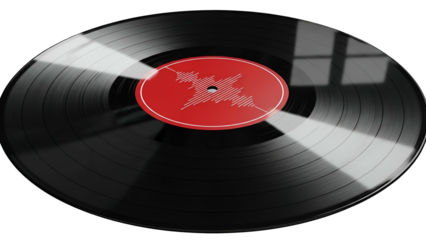 Black Vinyl Record with Red Label on Transparent Background