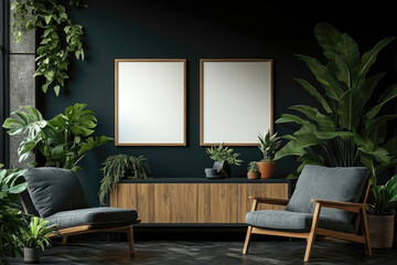 Hyper-Detailed Living Room Decor with Blank Frames on Wall