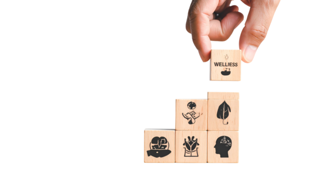 Hand placing "Wellness" block on steps of other blocks, each with a health icon