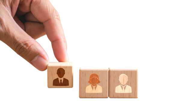 Hand placing wooden block with person icon into a row of blocks - Powered by Adobe