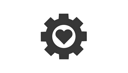 A grayscale icon featuring a gear shape with an inner white circle holding a dark heart