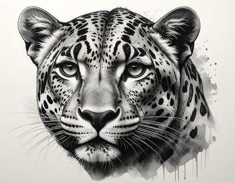 A grayscale illustration captures the intense gaze of a leopard's face, with intricate details