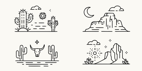 Set of minimalist line art illustrations depicting desert landscapes with cacti mountains sun moon and a bull skull © Amrito