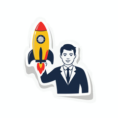 Businessman Holding a Rocket Launching Icon Symbolizing Startup and Success in Business