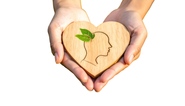 Hands cradling a wooden heart cutout with a person's head & plant, symbolizing mental health