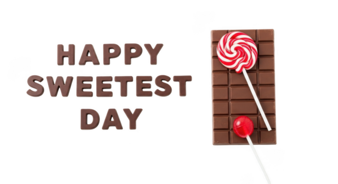 Happy sweetest day message with chocolate bar and lollipop isolated on transparent background