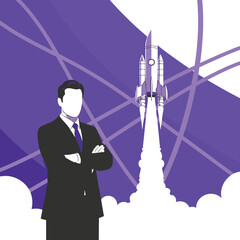 Ambitious businessman watches a rocket launch, symbolizing innovation, startup success, and the powerful trajectory of business growth and future technological advancements