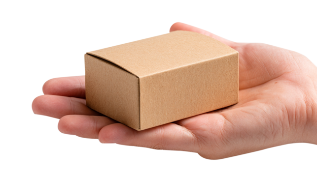 Small Cardboard Box Held in a Person's Palm package isolated on a transparent background