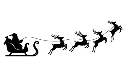 Black Silhouette of Santa Claus Flying in Sleigh Pulled by Four Reindeer - Christmas Vector © Amimy
