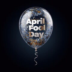 Transparent balloon with april fool day text on black background