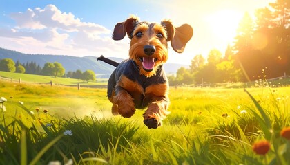 A happy dog leaps joyfully through a field of tall grass with mountains in the background