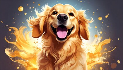 A happy golden retriever smiles with its tongue out. Golden splash effect. Background is blue with gold particles
