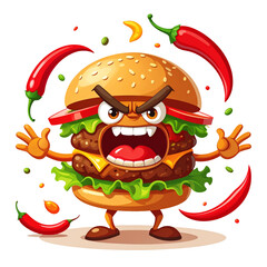 Vector PNG of an angry burger growling surrounded by chili peppers, symbolizing spicy food and bold flavors. Perfect for food branding, spicy cuisine, and cartoon-themed projects with transparent back