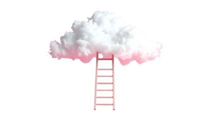 Pink ladder reaching up into a fluffy white cloud against a black backdrop