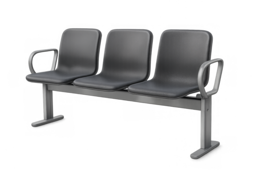 Empty black public waiting room chairs on transparent background