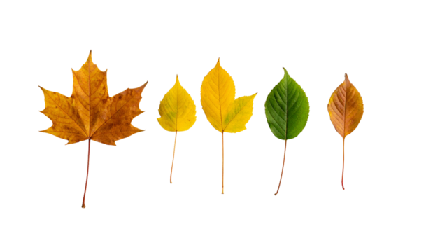 Five detached leaves in varying autumnal colors, arranged horizontally against black