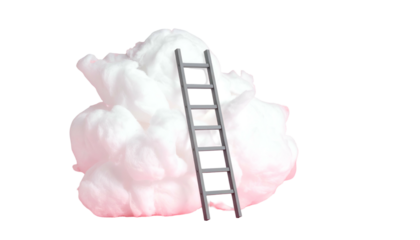 A grey ladder leans against a fluffy white cloud, against a black background