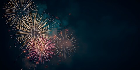 Colorful fireworks burst in the dark night sky, festive celebration background