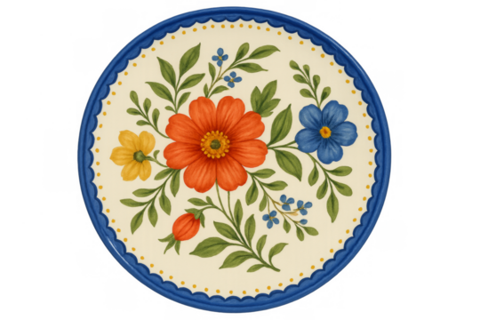 Ceramic plate with folk art floral decorative painting