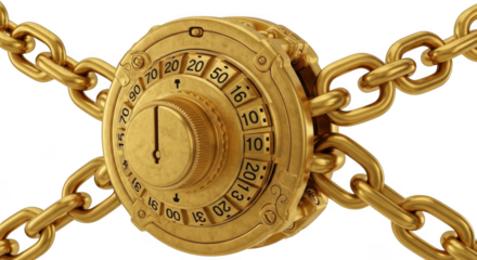 Golden combination lock with chains, isolated on transparent background