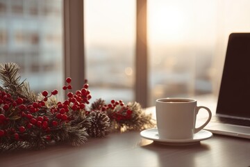 A modern office desk setup with a laptop computer placed next to a cup of coffee, creating a cozy workspace. Christmas decorations add a festive touch to the scene.