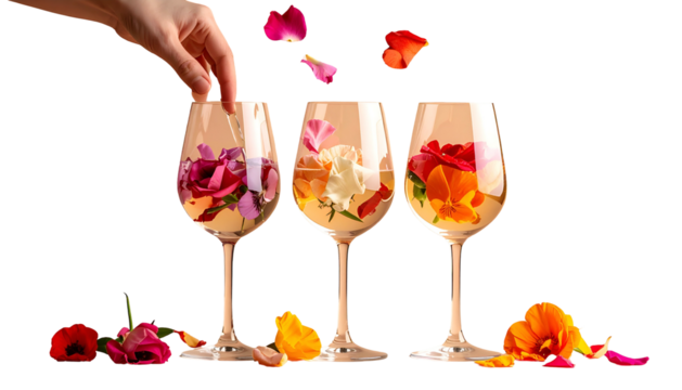 Hand placing rose petals into wine glasses filled with colorful flower arrangements