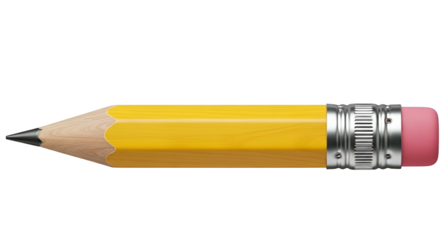 Yellow Pencil with Pink Eraser and Metallic Silver Ferrule on Transparent Background