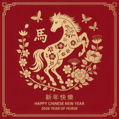 Chinese New Year 2026, celebrating the Year of the Horse. Features a gold horse paired with traditional Chinese motif. (Chinese translation : Happy chinese new year 2026, year of horse).