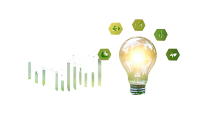 Glowing light bulb with connected eco-icons & chart over black, symbolizing green innovation