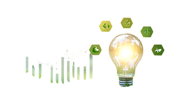 Glowing light bulb with connected eco-icons & chart over black, symbolizing green innovation