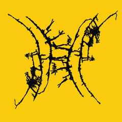 A beautiful vector silhouette of a tree and its branches against a sunset sky with a bird flying