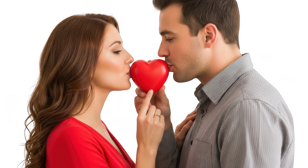Couple kissing a red heart isolated on transparent background