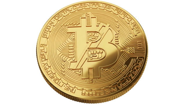 Golden Bitcoin Coin with Digital Circuit Design on Transparent Background