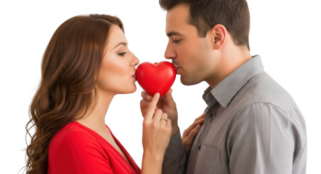 Couple kissing a red heart isolated on transparent background