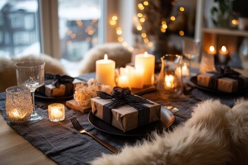 A festive dining table setup with a black and white table cloth, adorned with candles and gifts, creating a warm and cozy atmosphere.