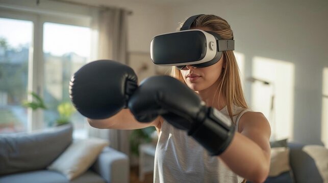 Woman Boxing with VR Headset at Home