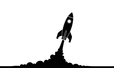 Silhouette of a rocket ship launching into space, a graphic icon representing a business startup, innovation, and rapid growth