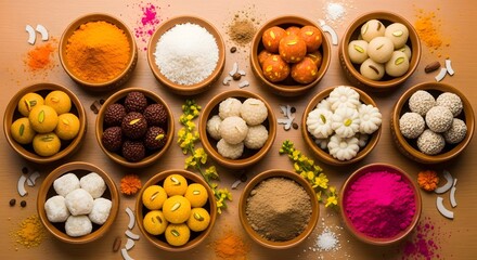 Assortment of indian sweets and colorful powders in bowls
