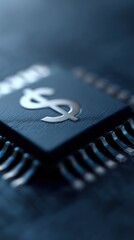 Macro of AI chip with embossed dollar sign,