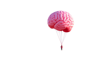 Pink brain floating as a parachute with strings against a black background
