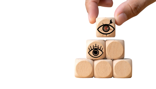 Hand adding wooden eye cube to pyramid of similar cubes on black, emphasizing vision & perspective - Powered by Adobe