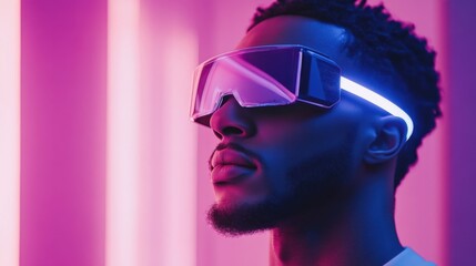 AI stylist fitting futuristic man with vapor wave sunglasses