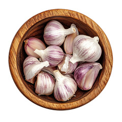 A Wooden Bowl Filled with Fresh Garlic Cloves Isolated transparent on white background