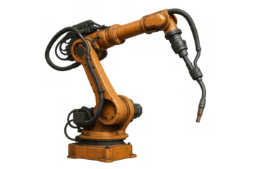 Industrial robotic arm welding machine on transparent background