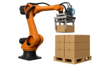 Robotic arm stacking cardboard boxes on pallet