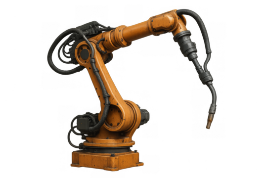 Industrial robotic arm welding machine on transparent background