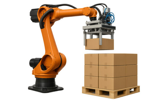 Robotic arm stacking cardboard boxes on pallet