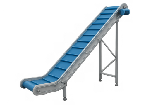 Automated industrial conveyor belt transporting products upwards