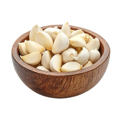 A Wooden Bowl Filled with Fresh Garlic Cloves Isolated transparent on white background