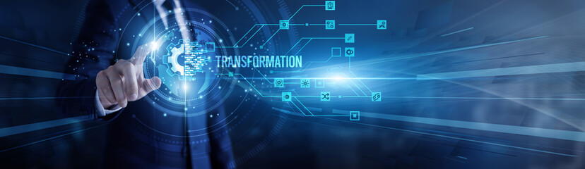 Business leader touching virtual screen a global transformation concept. Digital innovation, adaptive strategy, process improvement, organizational change, growth and evolution in technology.